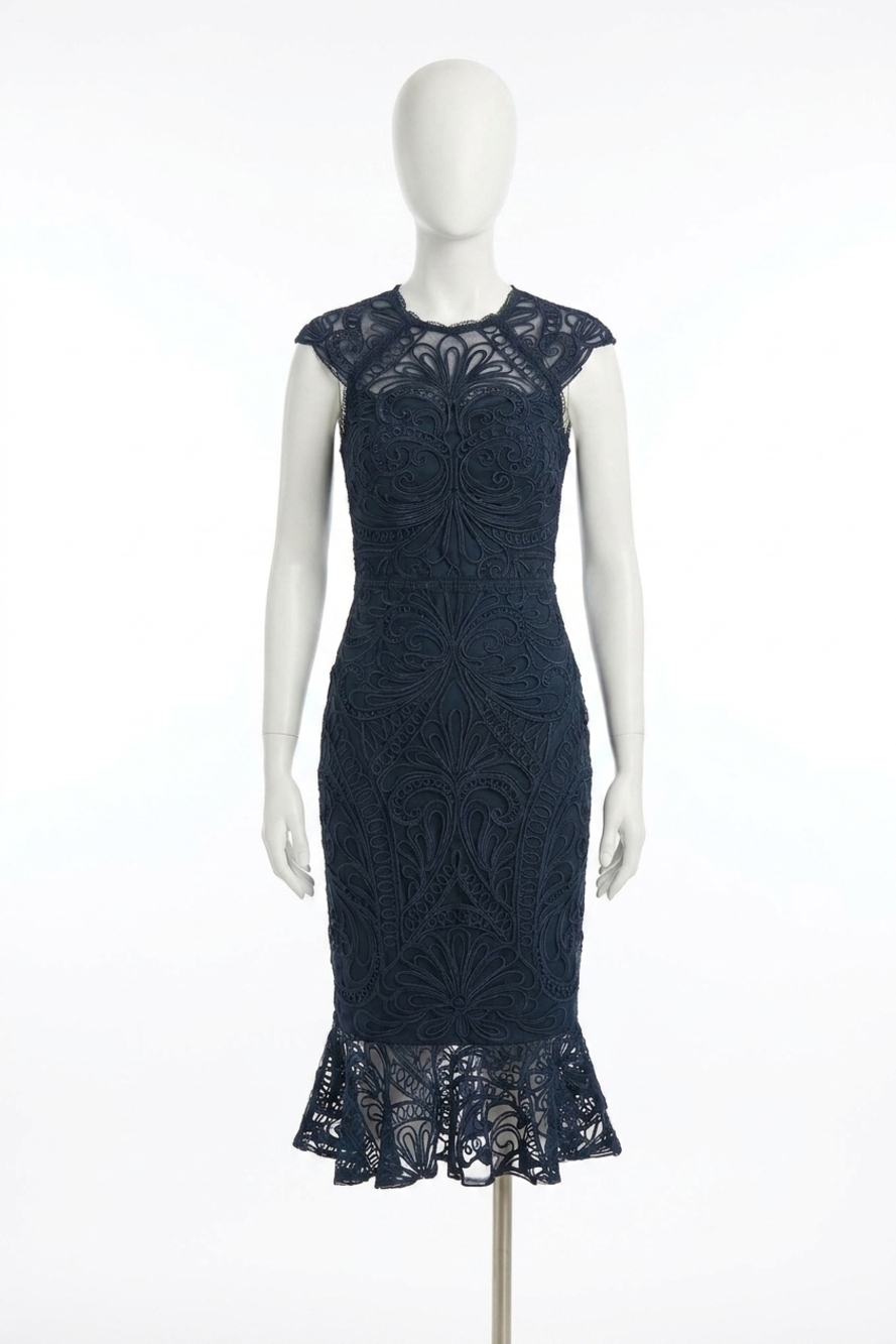 NEW JOSEPH RIBKOFF guipure soutache trumpet dress with ruffle hem in midnight bl